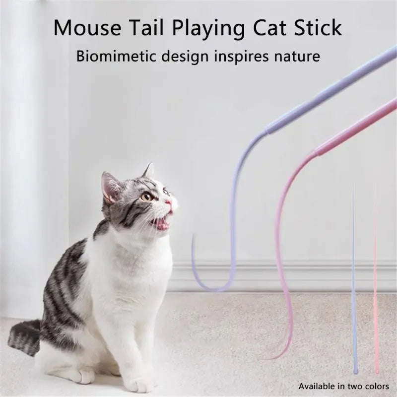 Simulated mouse tail cat toy with long silicone tail and cat head handle for interactive pet play
