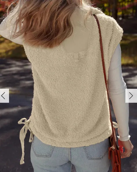 Women's beige cinnamon faux fur snap-front sleeveless vest with pockets, casual style