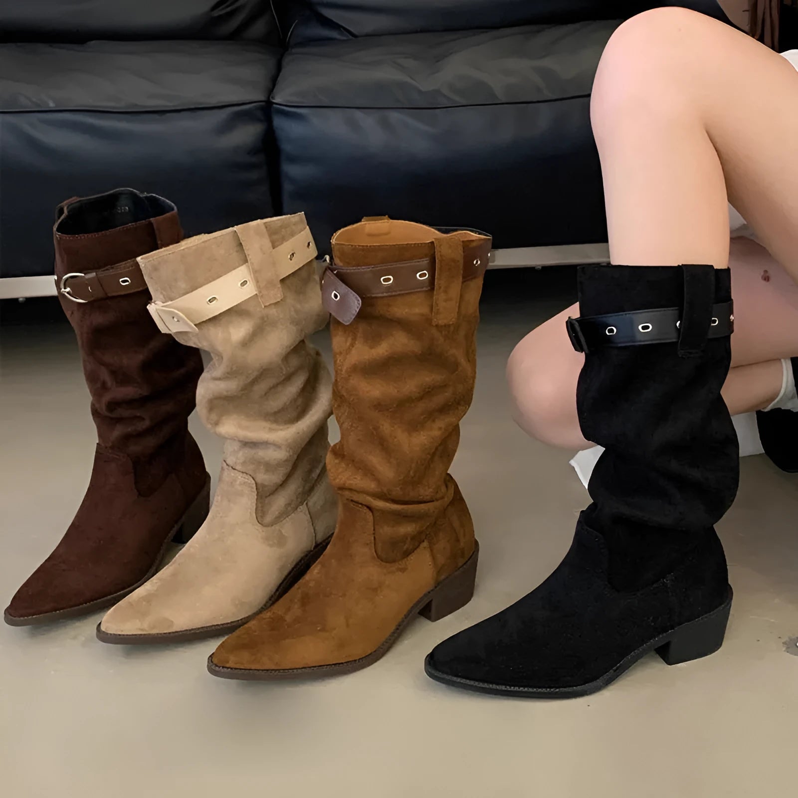 Western cowboy mid-calf boots with chunky heel and pointed toe in black
