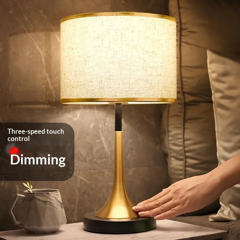 Touch sensor dimming table lamp in Phnom Penh fine linen, simple modern Chinese style, for bedside or living room.