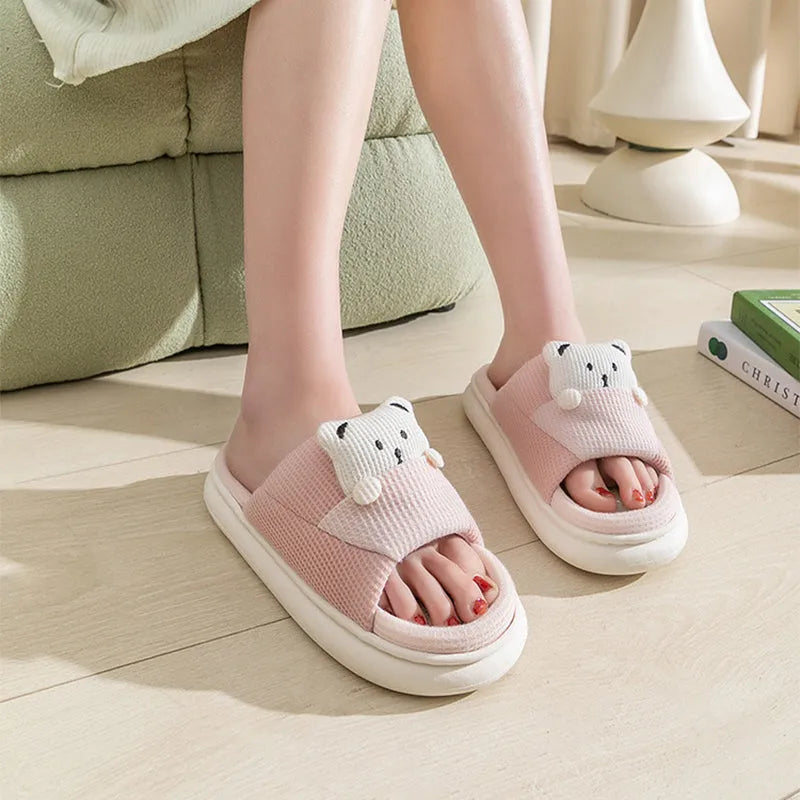 Cartoon bear women's house slippers with thick mute sole in blue, brown, green, pink, and yellow