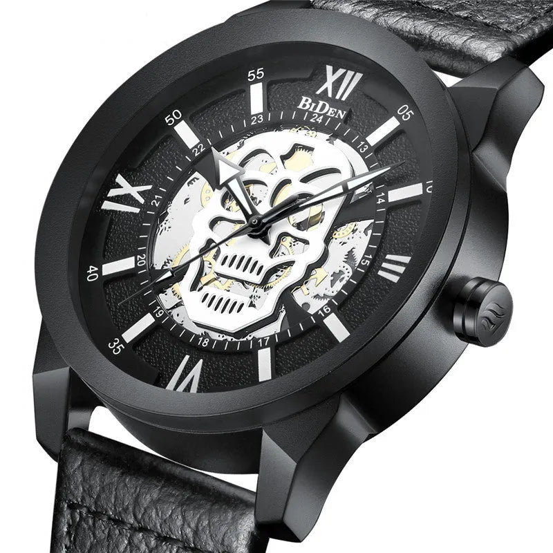 Men's hollow dial quartz watch with calendar and brown leather strap