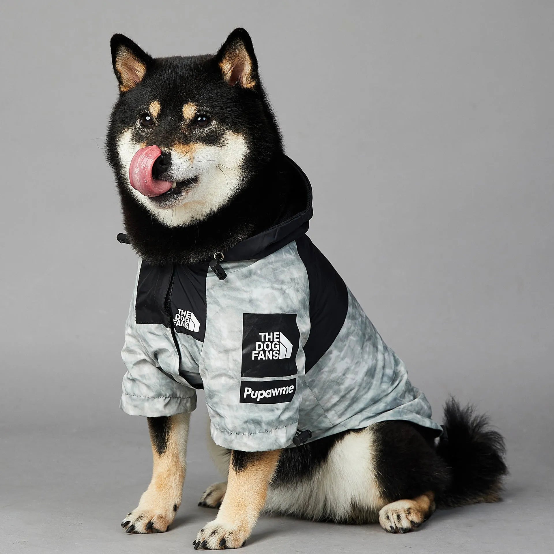Dog shell jacket in polyester, available in sizes S-5XL, black or waste paper print.