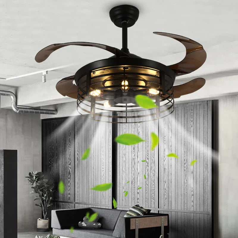 American retro style ceiling fan lamp with invisible retractable blades and acrylic shade, remote control on side.