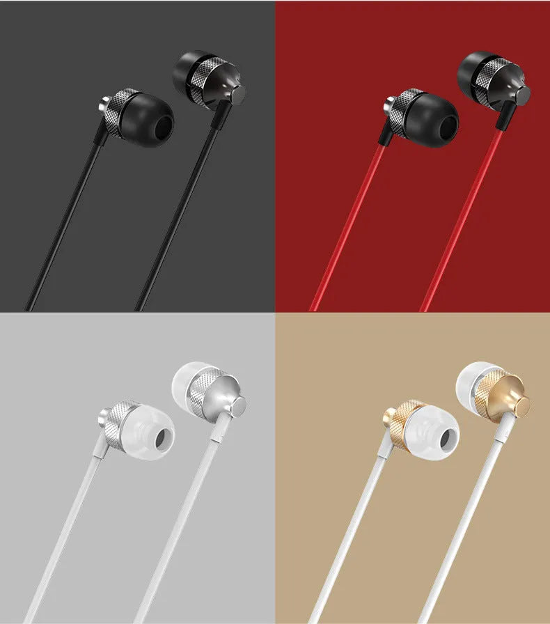 Gold metal in-ear headphones with a black wheat cable and 3.5mm plug on a white background.