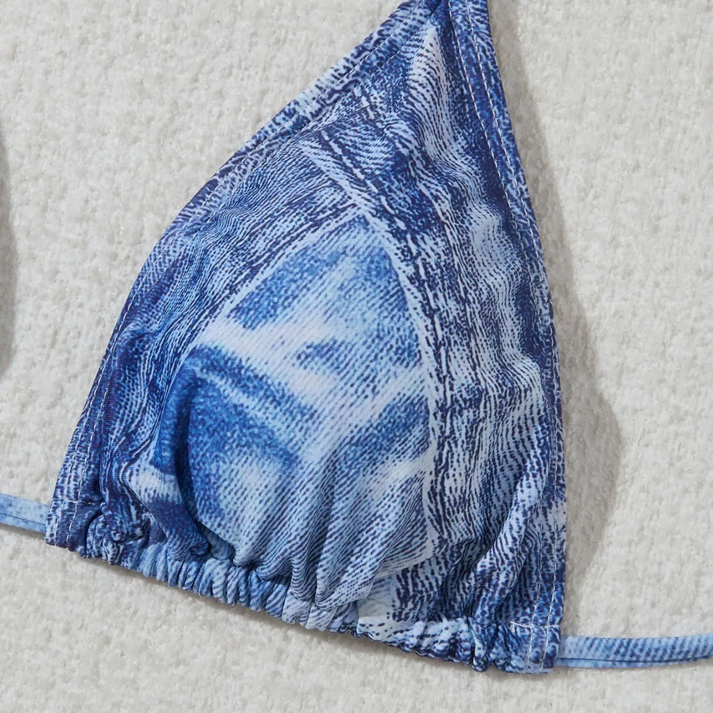 Women's denim blue printed bikini suit with strap detailing