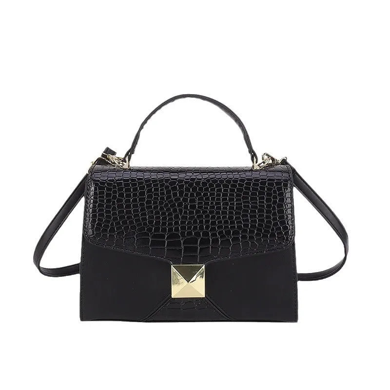 Mining stone pattern square pouch shoulder bag in black with stitching and shoulder strap
