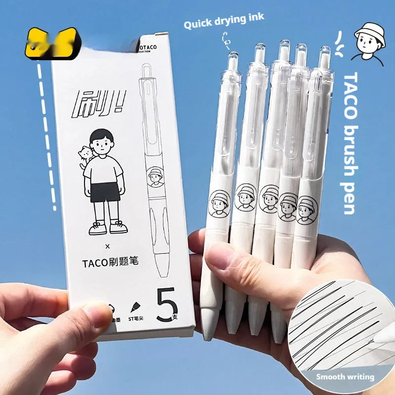 Five white plastic ballpoint pens with 0.5mm black ink tips arranged together.
