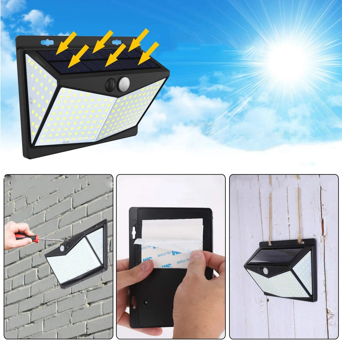 Solar wall lamp with 208 LEDs, motion sensor, and IP65 waterproof rating for garden and yard use.