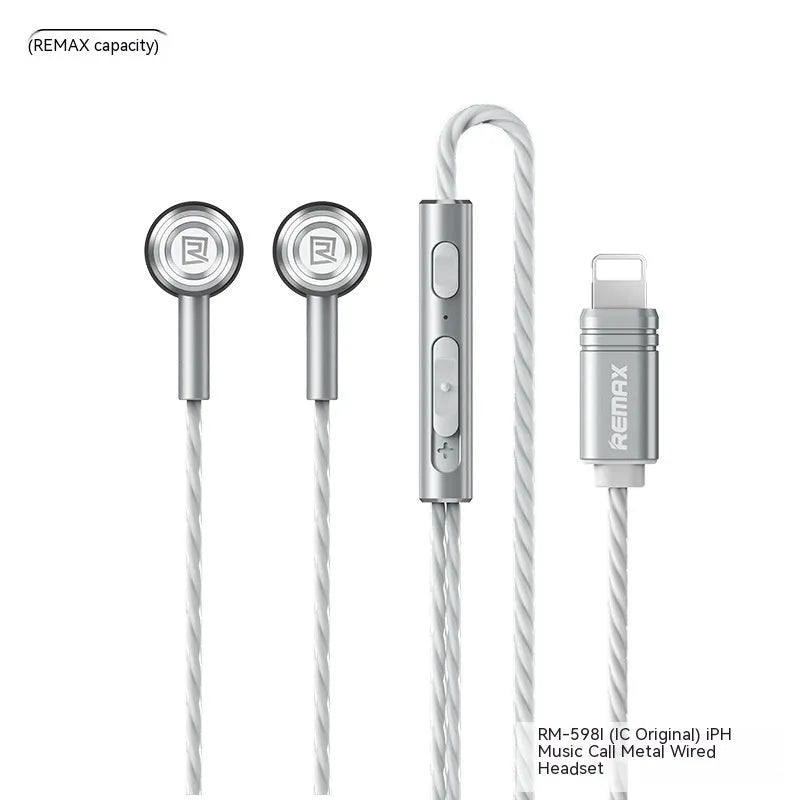 RM711 metal wired e-sports earphones with round hole design in black, green, and silvery, compatible with Type-C and Lightning connectors.
