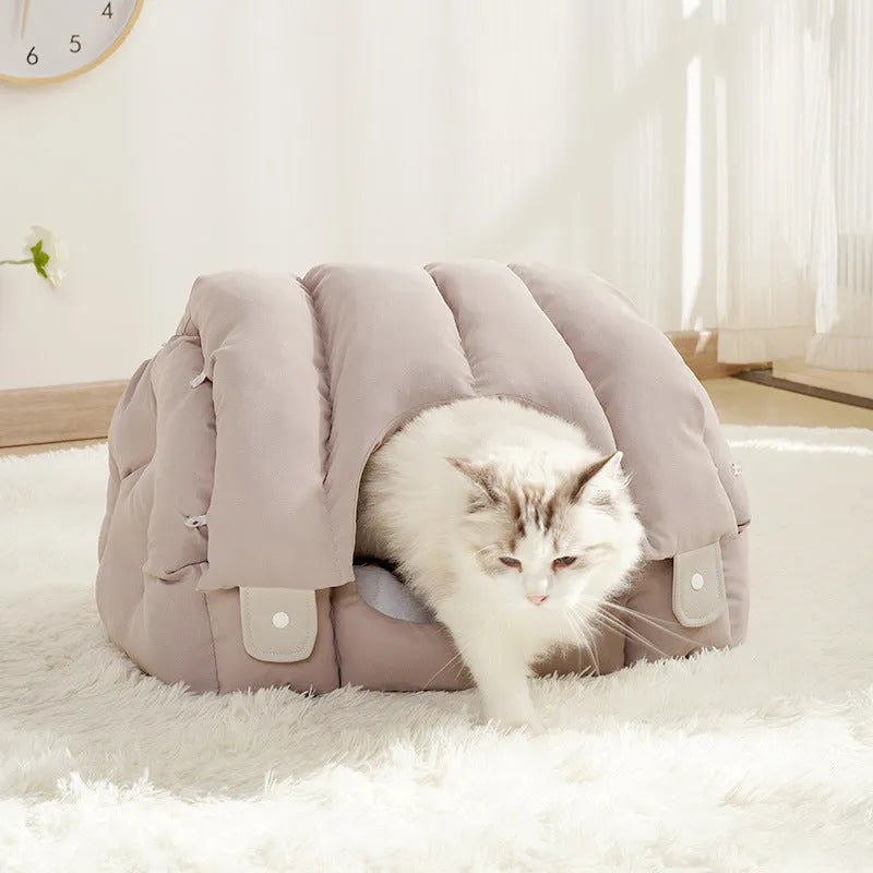 Grey arched cat bed transformed from enclosed nest to open sofa configuration for cats and small dogs