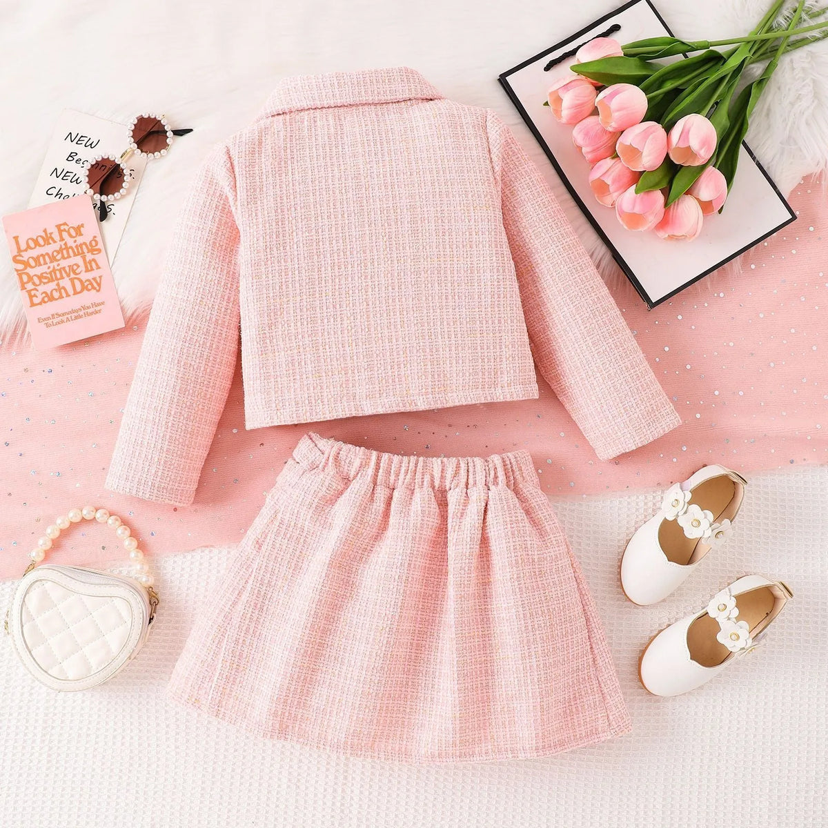 Girls' pink cotton long-sleeved coat and mid-waist skirt two-piece set, sizes 4Y-7Y