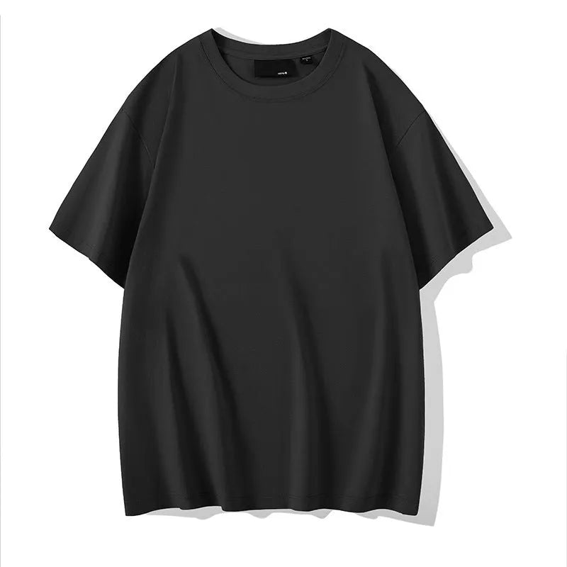 Men's solid colour cotton T-shirt with round neck and drop-shoulder sleeves in loose casual fit