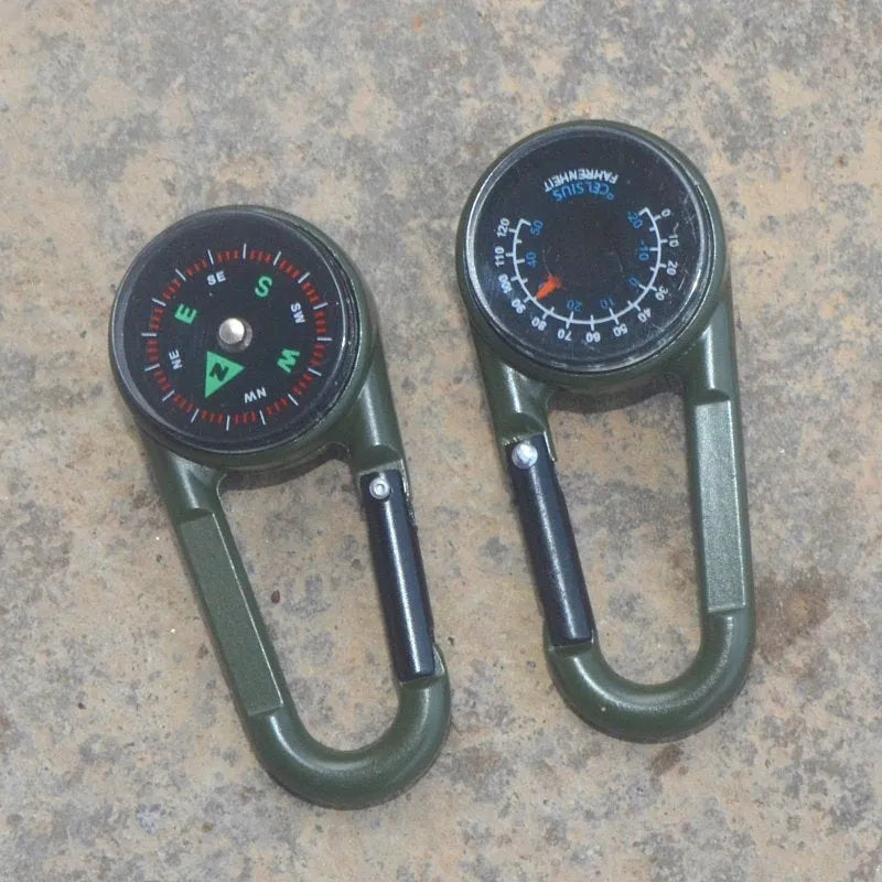 Zinc alloy camping carabiner with thermometer and compass in black, army green, or rose gold