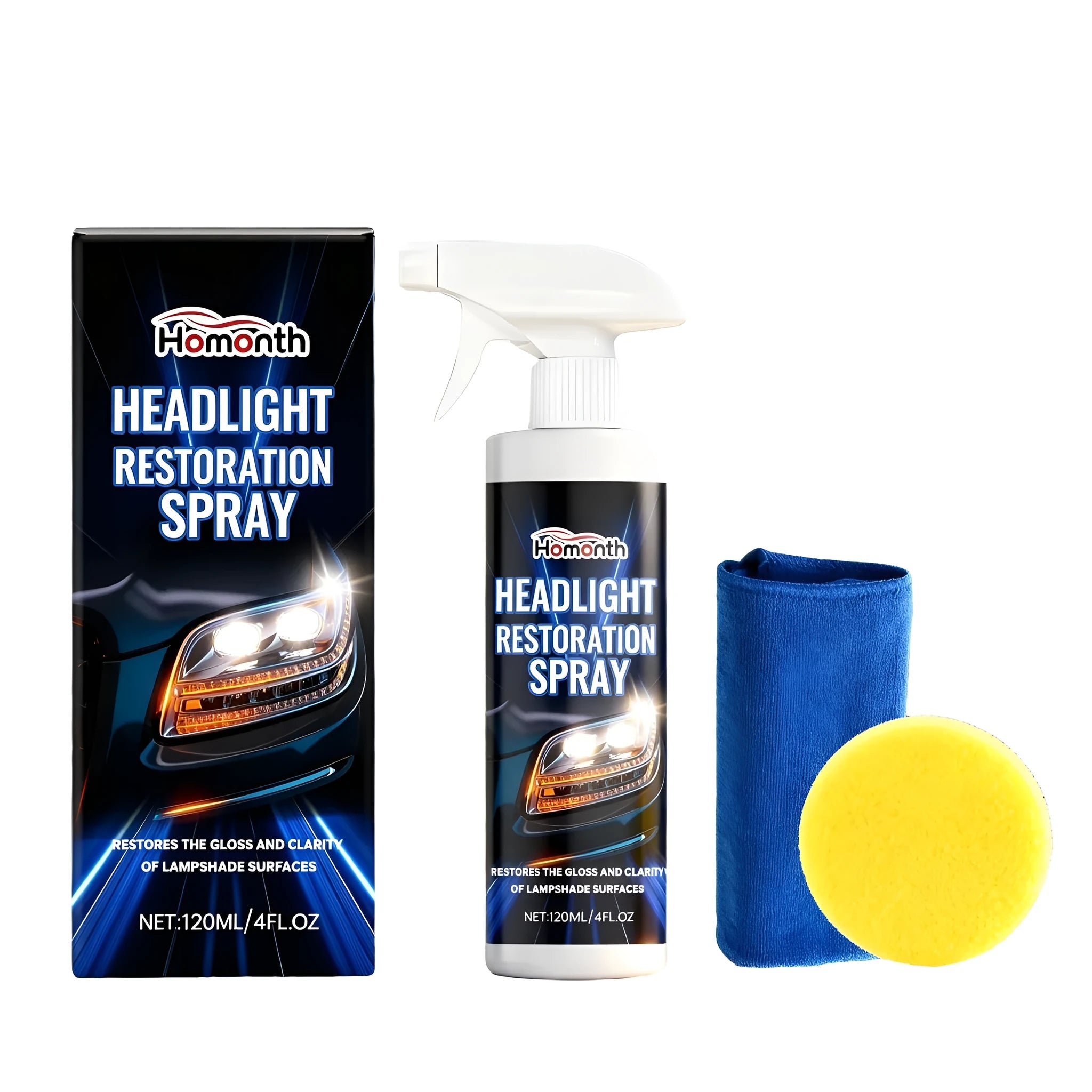 HOMONTH headlight restoration kit with 120ml spray bottle, sponge, and polishing towel