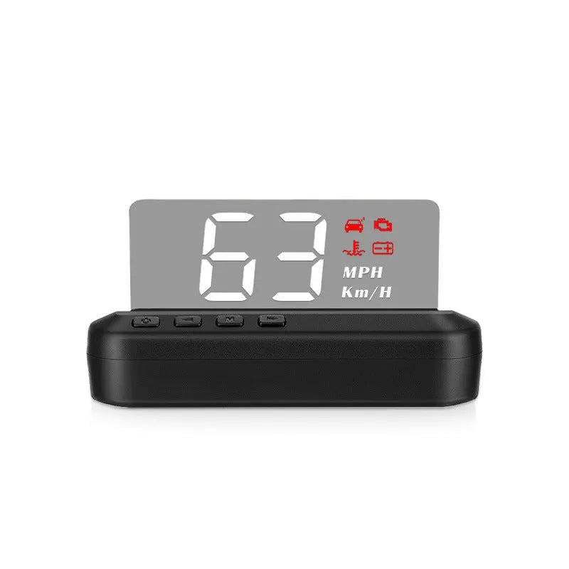 Black car head up display unit with 2.0 inch screen, showing OBD connection cable.