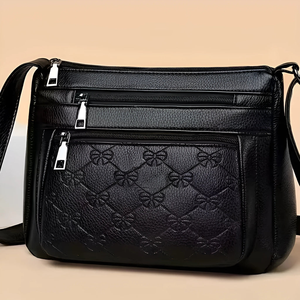 Butterfly black women's PU leather messenger bag with embossed texture and horizontal square shape