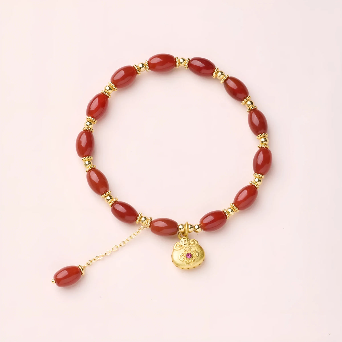 Natural red agate bracelet for women with handmade beads, geometric shape, and auspicious patterns in red agate fortune dumplings colour.