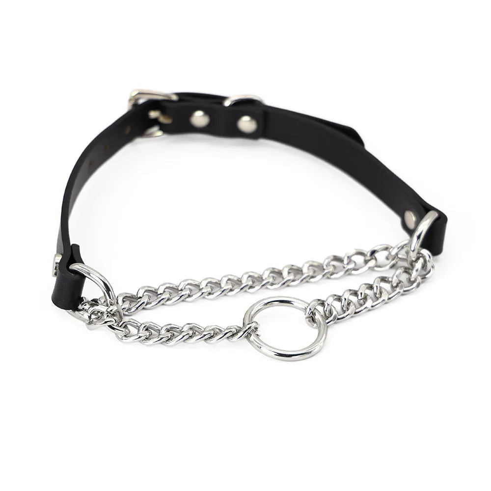 Black cowhide leather collar and matching leash bondage set