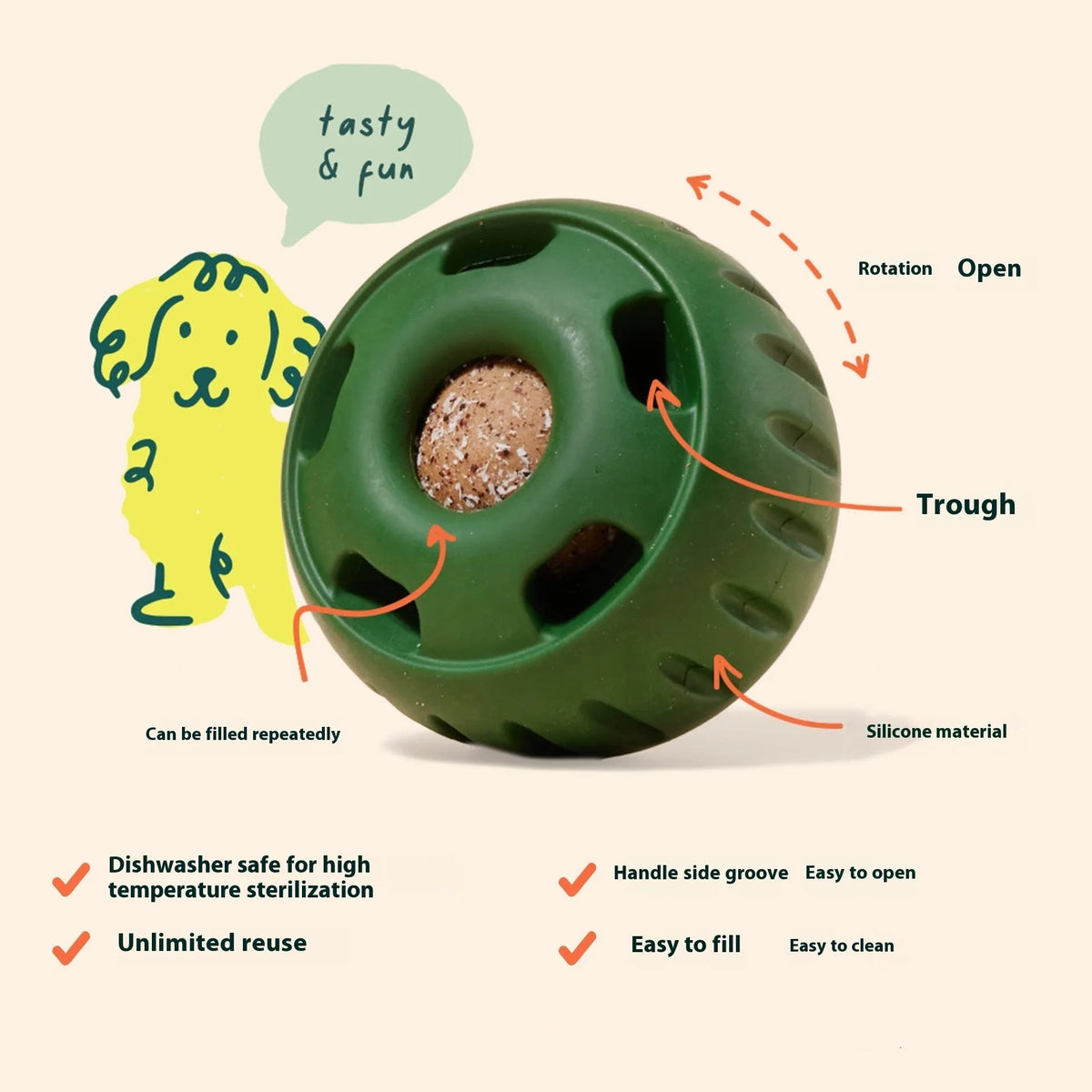 Silicone dog slow feeder molar toy in green or orange with optional yellow tray and ball set