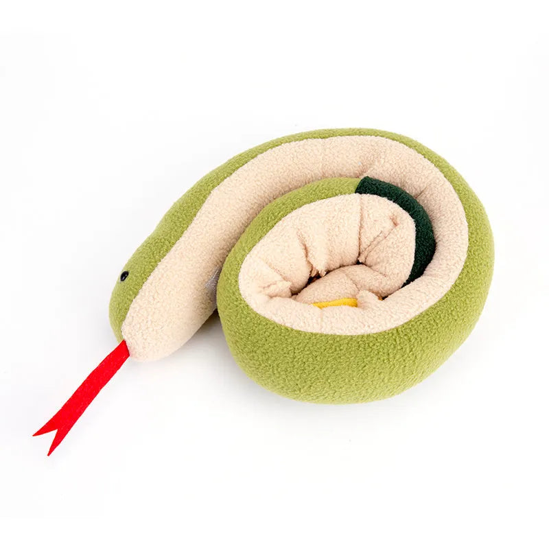 Snake snuffle toy for dogs, 85cm polar fleece slow feeder in snake shape on floor