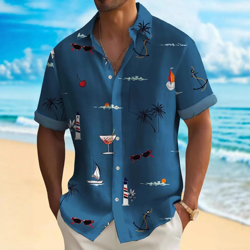 Men's loose fit short sleeve Hawaiian shirt with a colourful digital printed pattern.