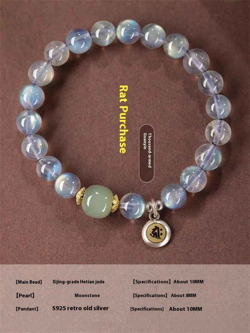Birth Buddha Beads bracelet with 8mm moonstone crystal beads featuring Thousand-Hand Kwan-yin mouse zodiac modelling
