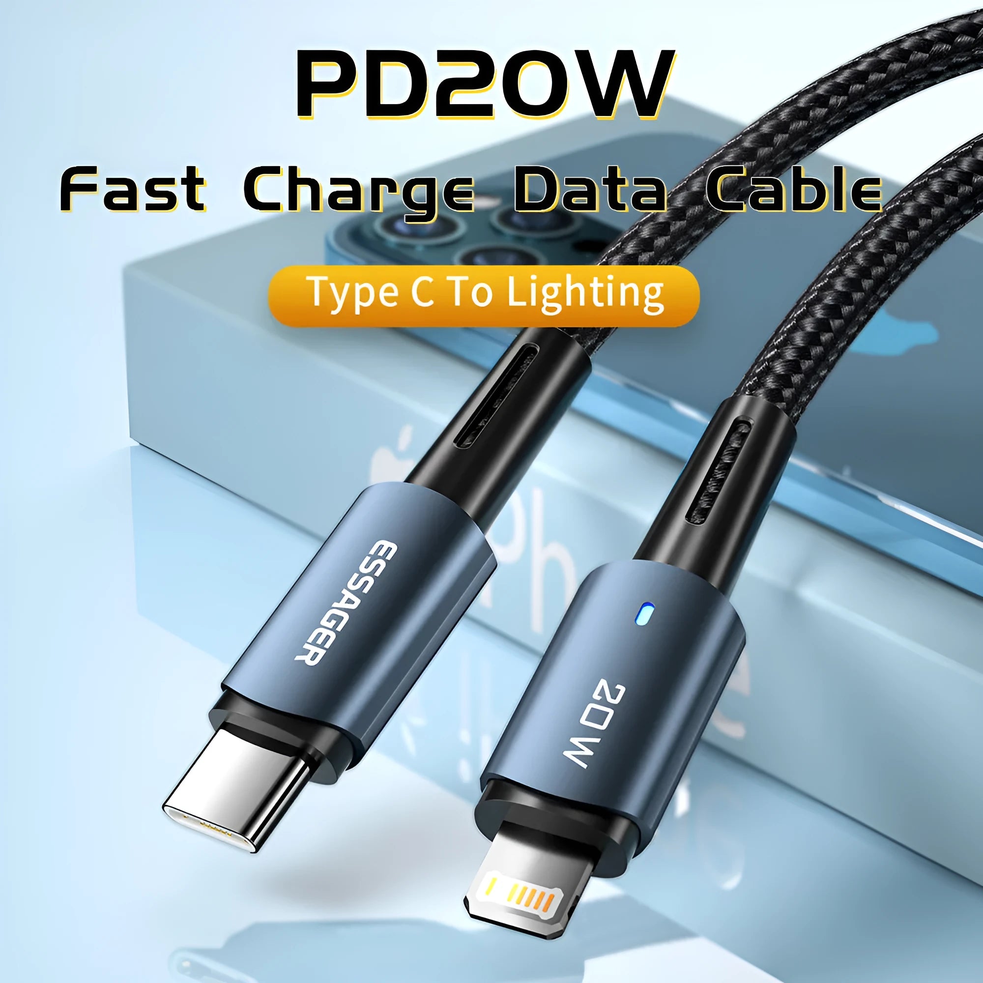PD27W fast charging data cable in aluminium alloy with length options up to 3 metres