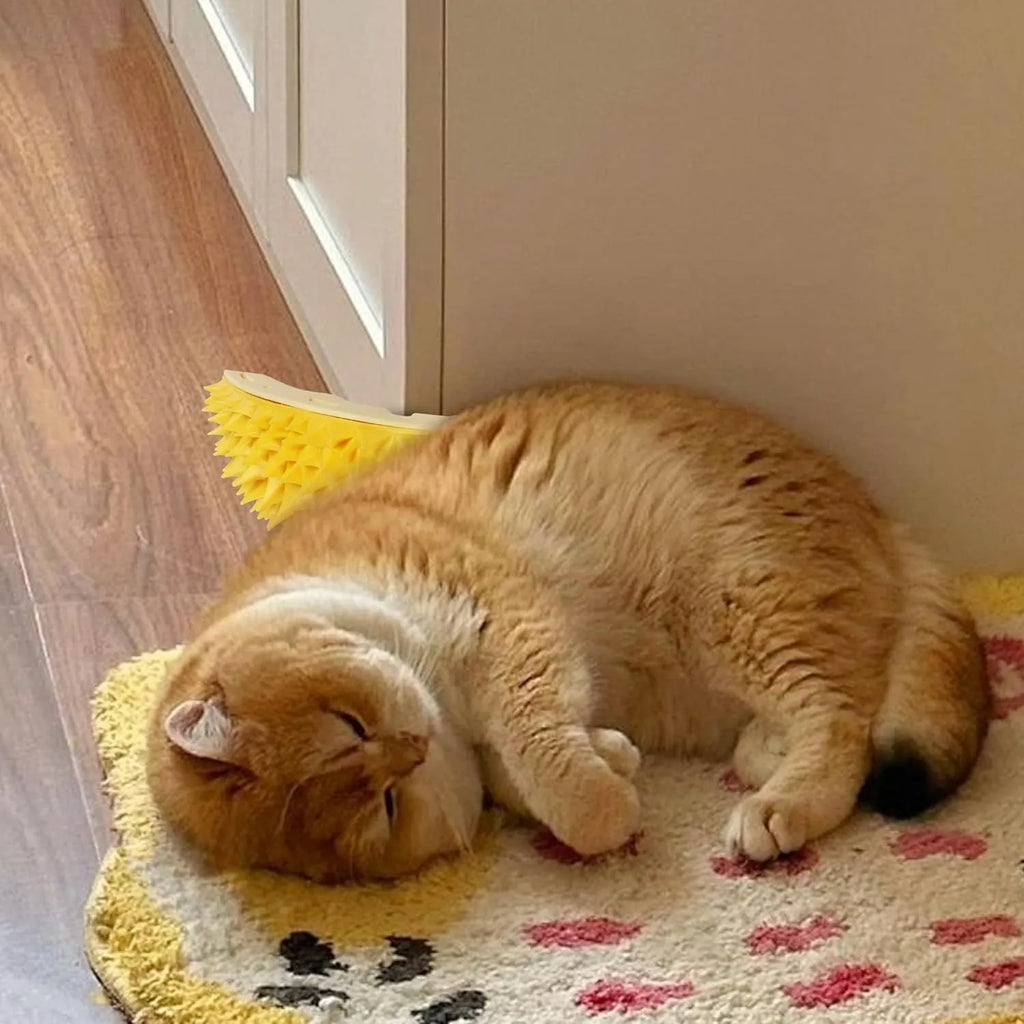 Yellow durian-shaped cat corner scratcher with comb teeth and cat mint packet mounted on wall