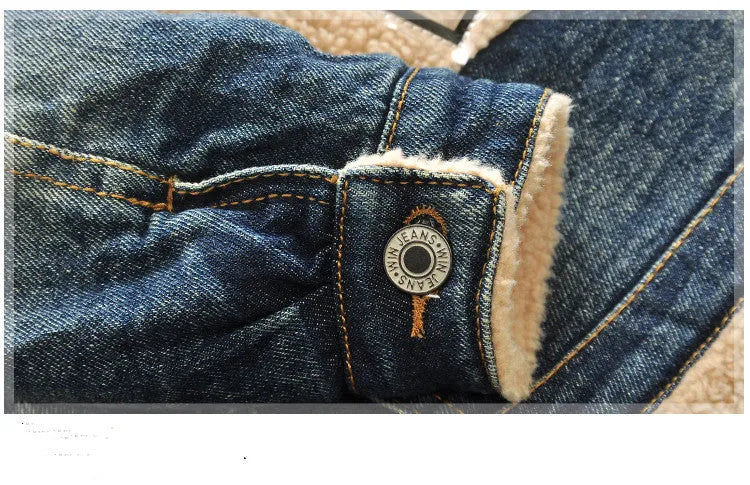 Children's baby thickened fleece-lined Korean style denim jacket with fur collar in denim colour, size 110 cm