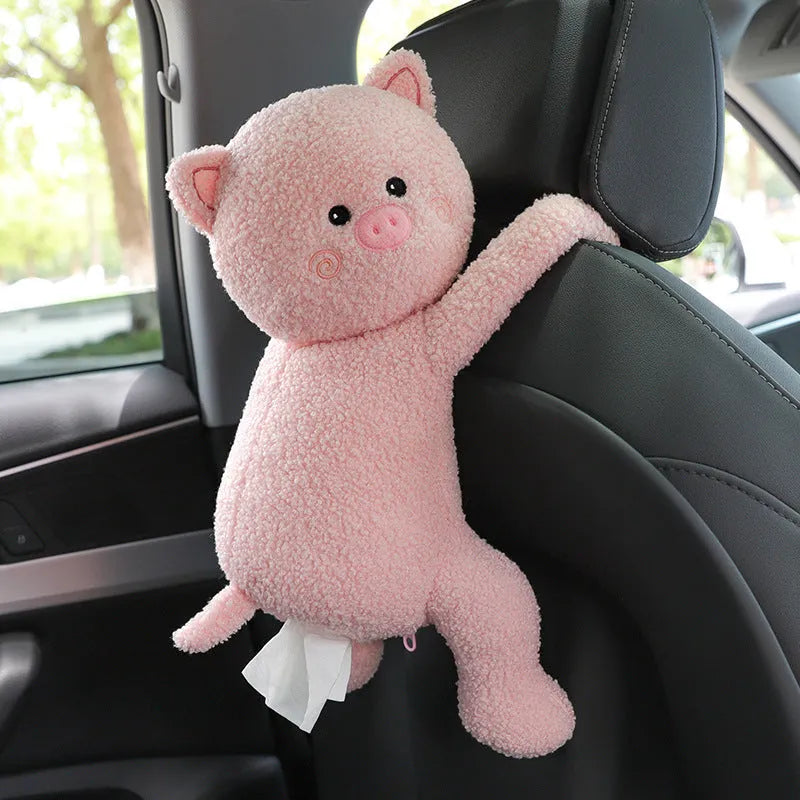 Soft plush car headrest tissue box holder in a cute animal character style.