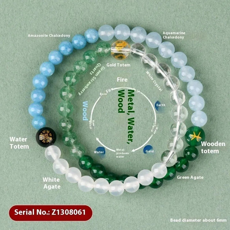 Handmade crystal double ring bracelet with Five Elements colours in geometric national style