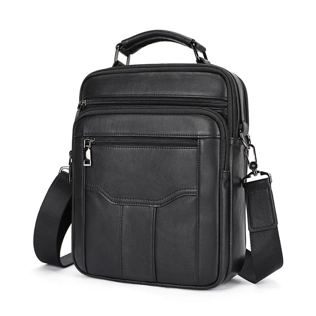 Men's genuine leather shoulder messenger bag black solid colour with visible sewing line details
