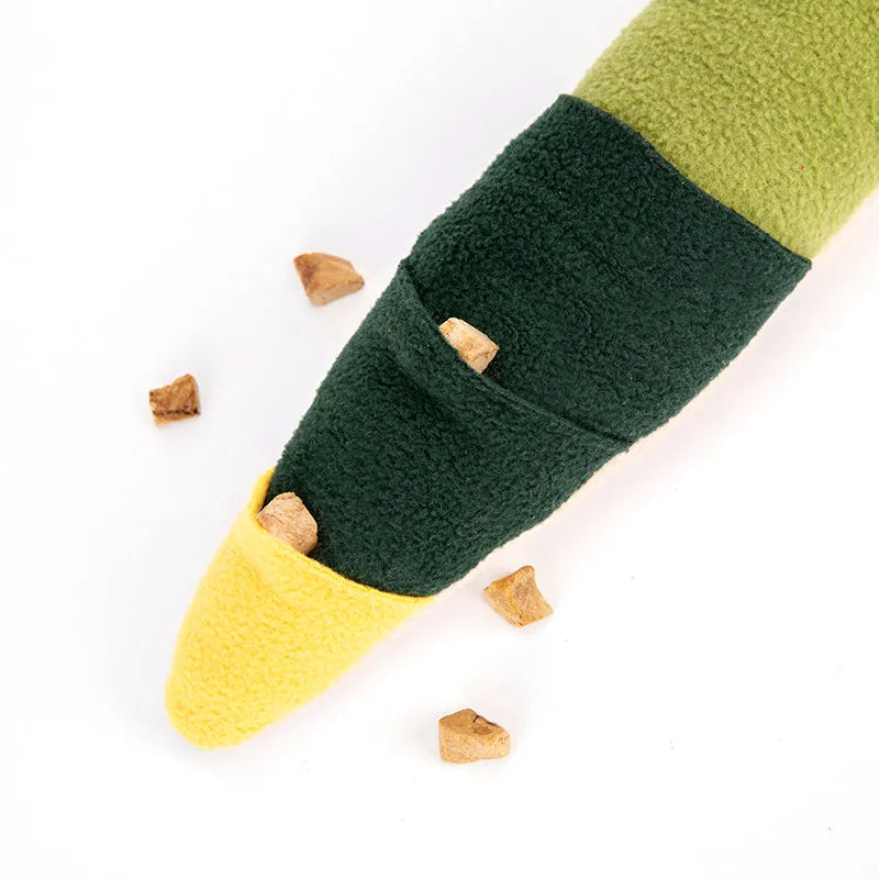 Snake snuffle toy for dogs, 85cm polar fleece slow feeder in snake shape on floor