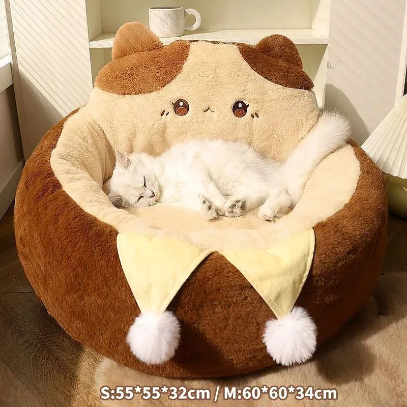 A round grey pet bed for cats and dogs on a wooden floor.