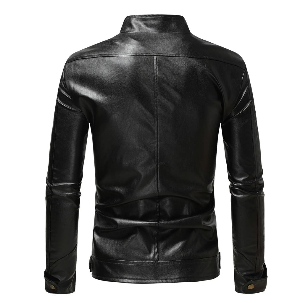 Men's PU leather coat with stand collar and double zipper in brown, regular fit.