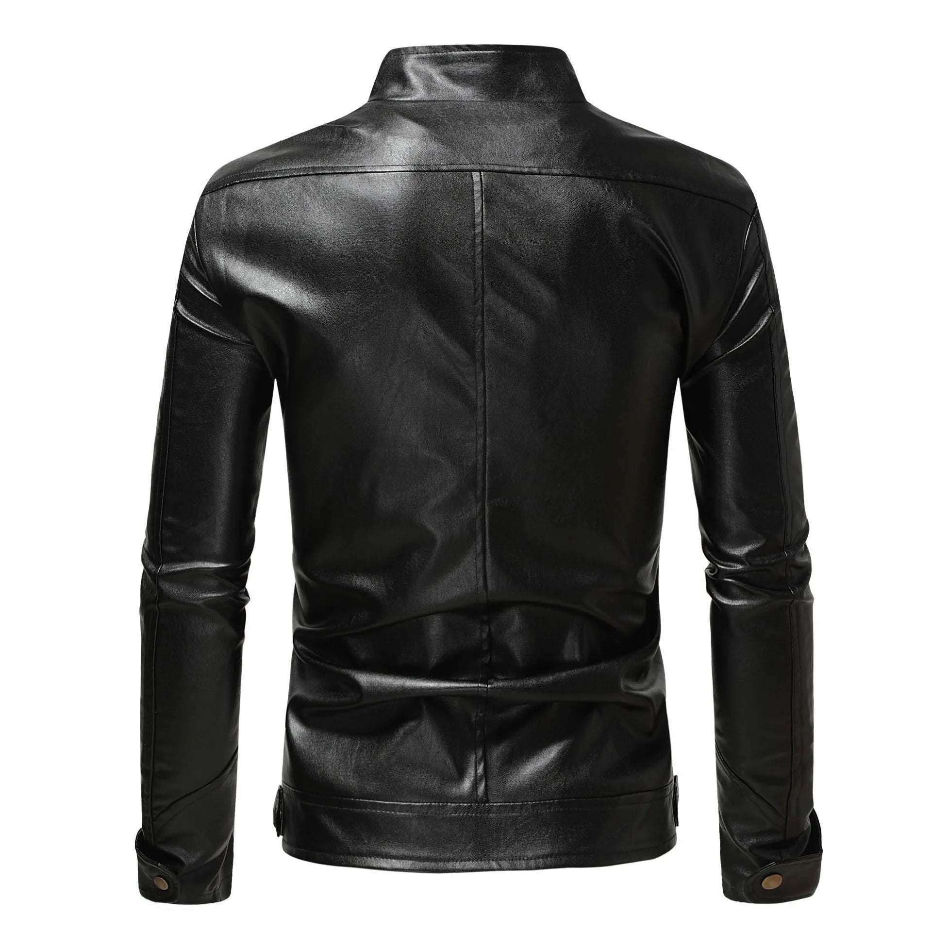 Men's PU leather coat with stand collar and double zipper in brown, regular fit.