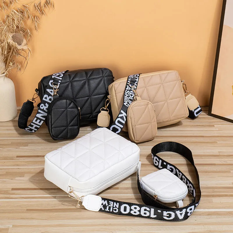Women's two-piece PU leather messenger bag set in apricot with embroidery and lock detail, horizontal square shape