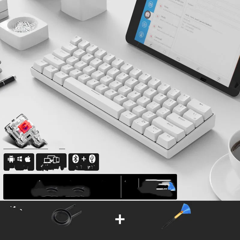 RK61 wireless mechanical keyboard with carrying case showing compact 61-key layout and dual connectivity options