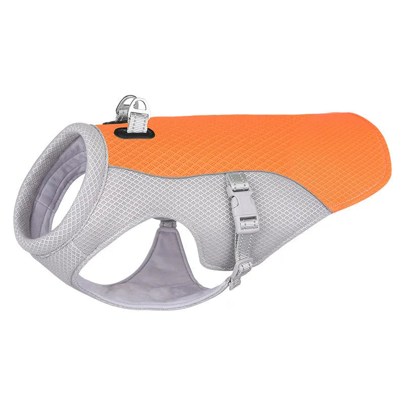 Orange dog cooling vest with layered evaporation system for summer heat protection during outdoor walks