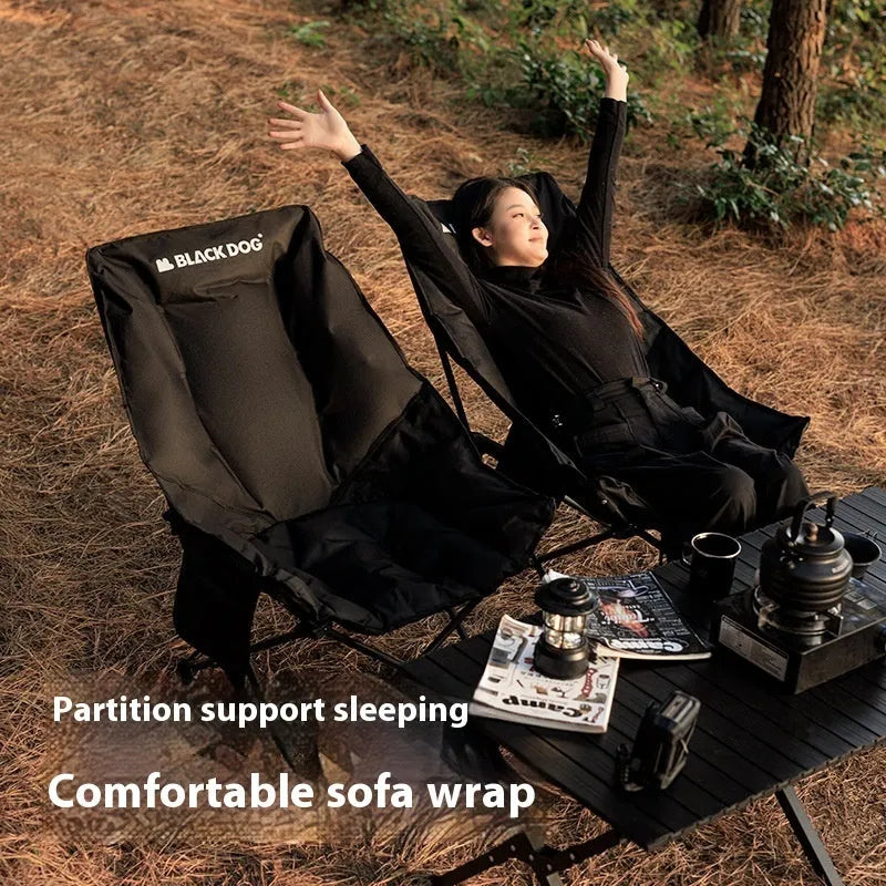 Night black portable folding moon chair in Oxford cloth for outdoor camping and beach use.