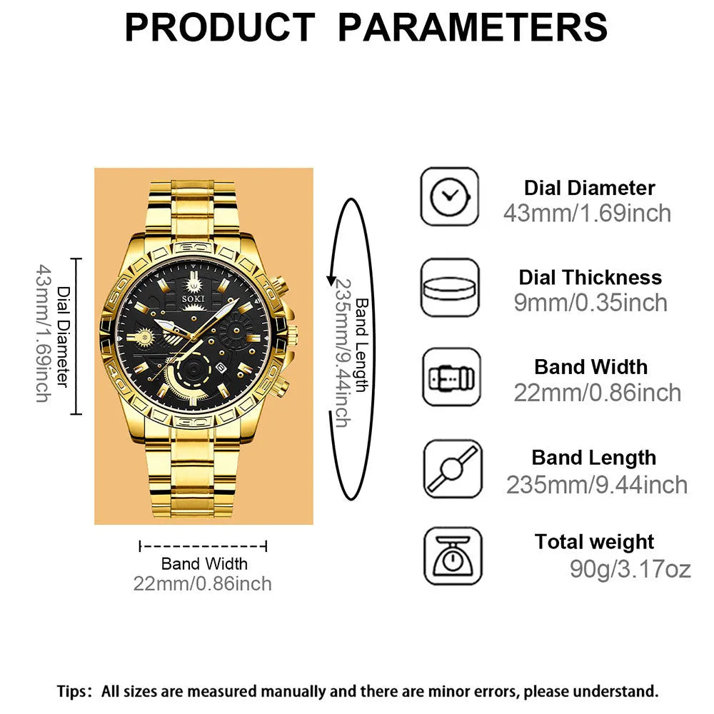 Gold men's business watch with stainless steel strap and calendar on dial