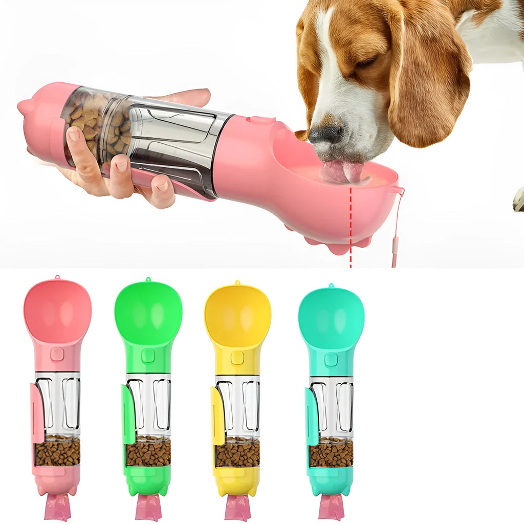 Portable 3-in-1 dog water bottle with poop dispenser and treat holder, 300ml capacity in aquamarine