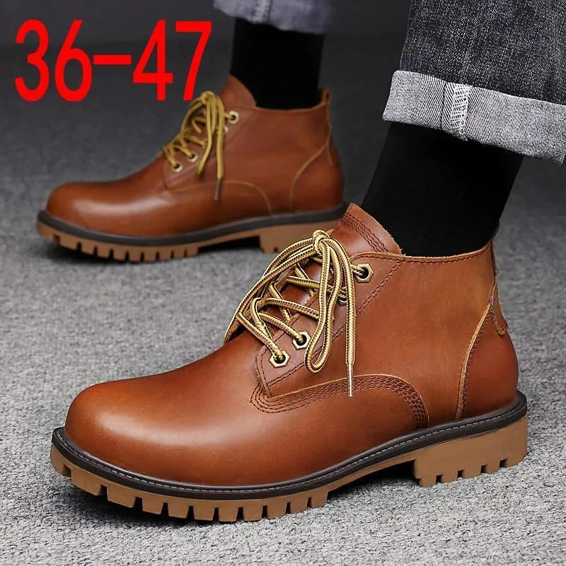 Men's brown leather Martin boots with mid heel platform sole, front lace-up, and round toe, sizes 36-47