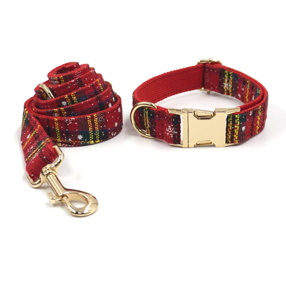 Red Christmas pet collar set with matching harness, traction rope, bow decoration and stool bag in laser sculpture fabric
