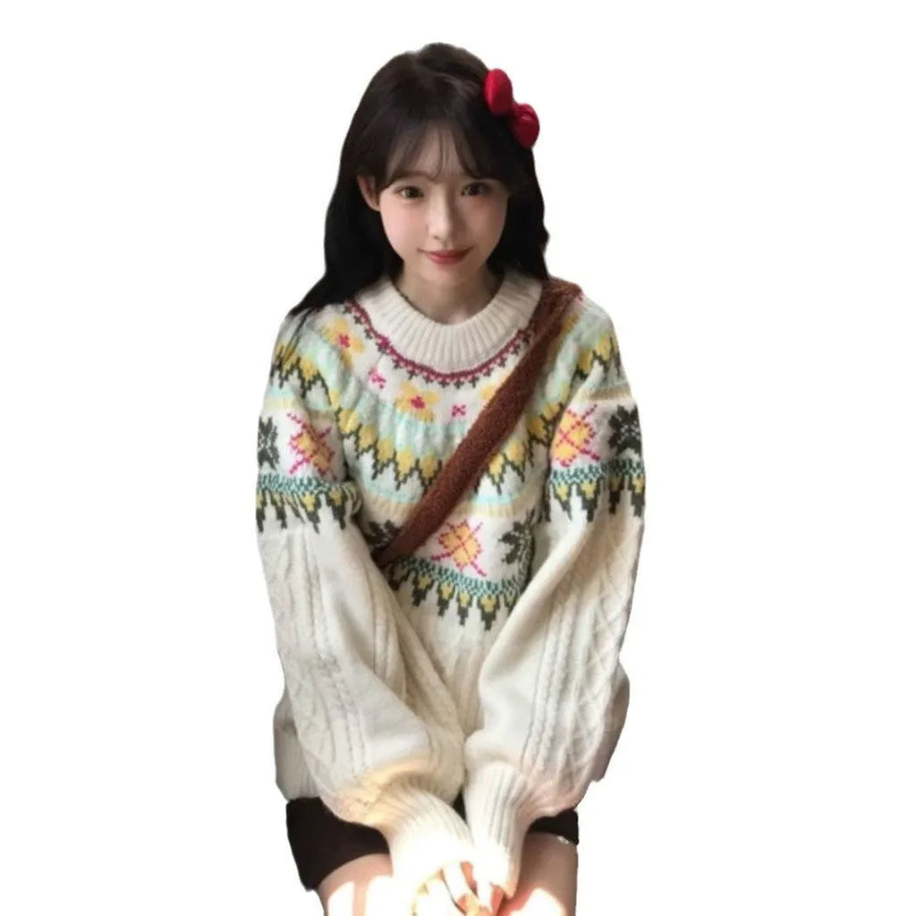 Women's milky white lantern sleeve pullover knitwear with loose Mori style