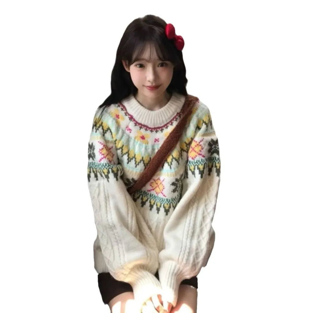 Women's milky white lantern sleeve pullover knitwear with loose Mori style