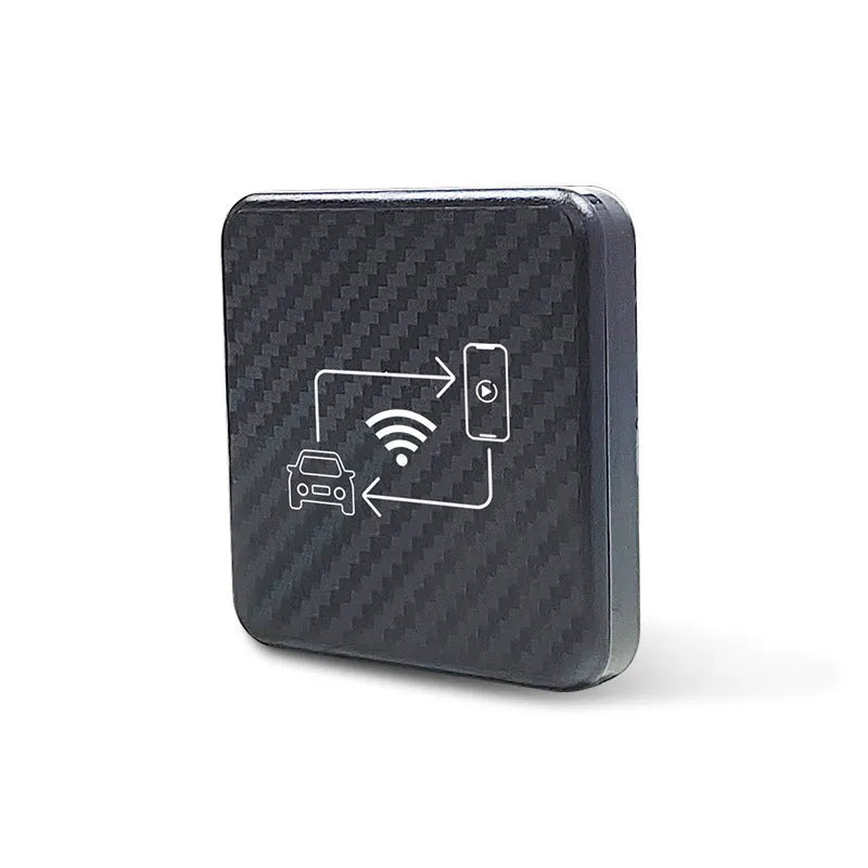 Wireless CarPlay and Android Auto smart box in gold or white ABS plastic housing with USB connector