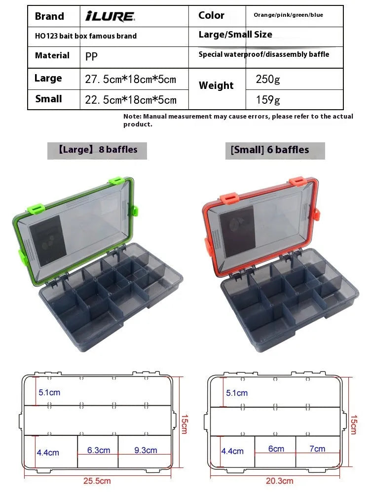 Blue waterproof PP fishing lure storage box with dimensions 275mm long by 180mm wide by 50mm deep.