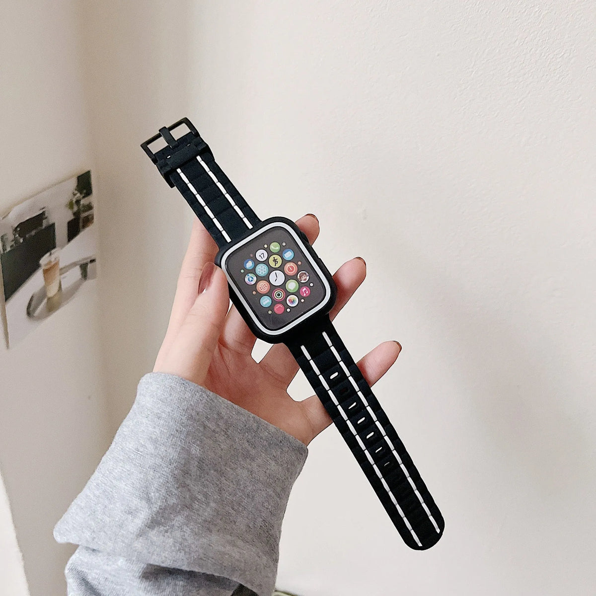 Silicone Apple Watch strap set with hard PC bumper case in pink and black, multiple sizes available